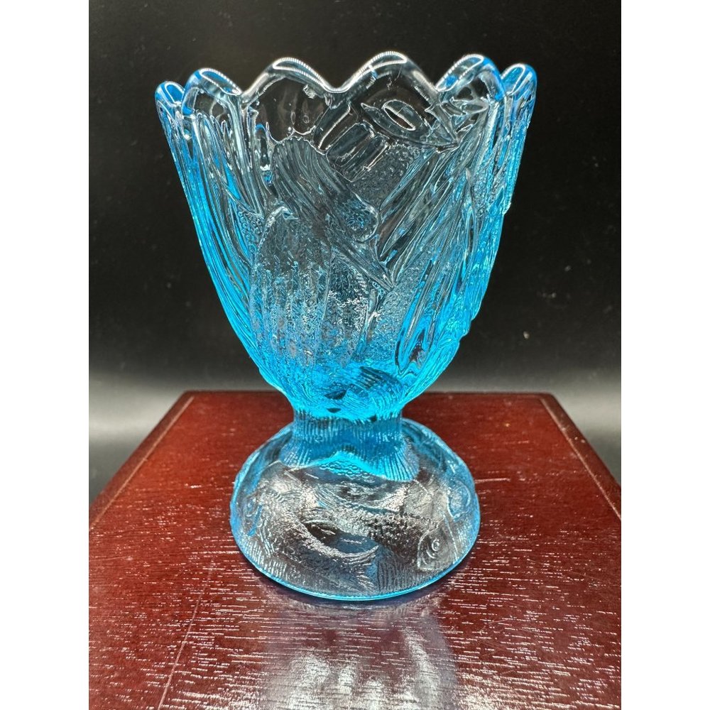 Vintage Turquoise Teal Blue Pressed Glass Egg Cup Toothpick Holder Heron Fish